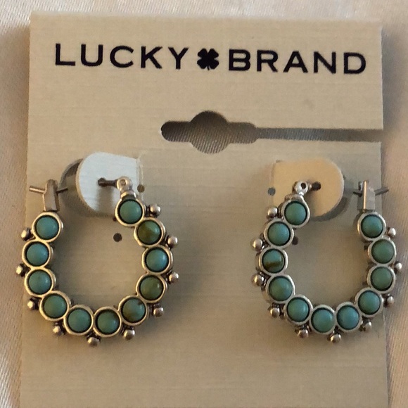 Lucky Brand Silver Tone Turquoise Set Stone Midi Hoop Earrings NWT - Picture 5 of 10